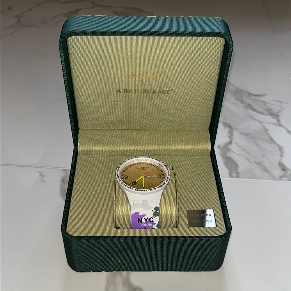 A Bathing Ape (BAPE) x Swatch Watch with Gold Dial
